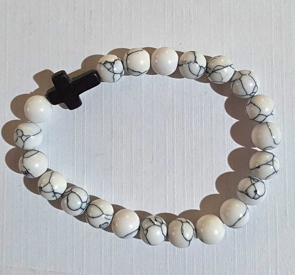 Christianity White Marble Bead Bracelet with Black Cross Charm